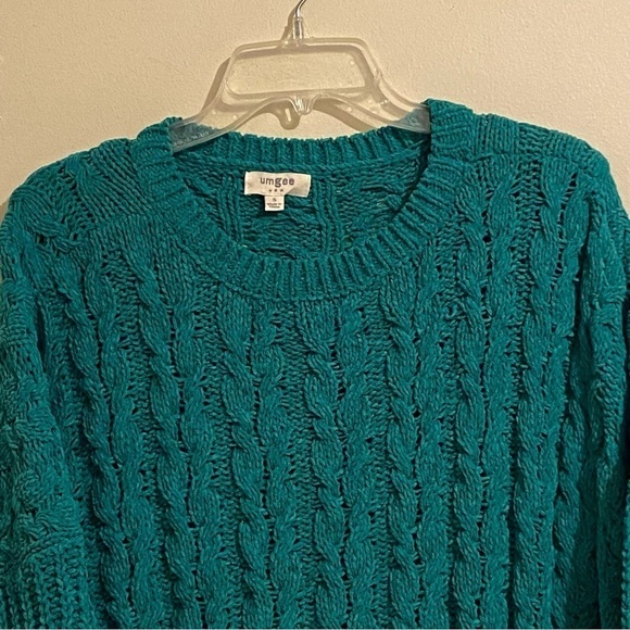 Umgee Green Size S Chunky Cable Knit Open Front 3/4 Sleeve Cardigan Sweater - Picture 2 of 9